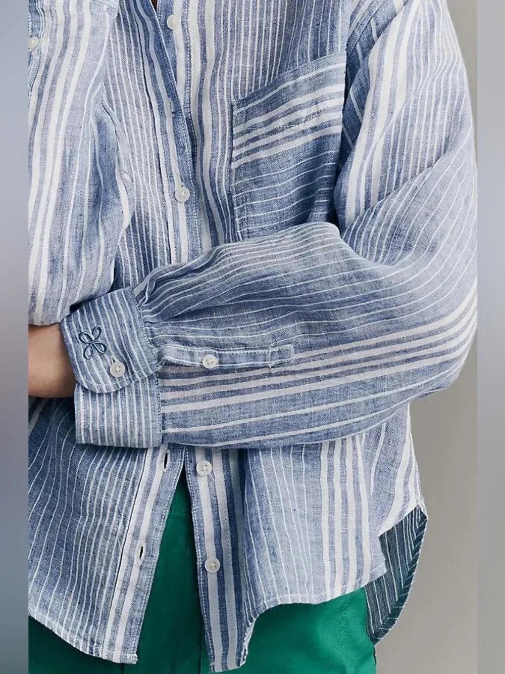 NWT Anthropologie Maeve Shrunken Bennet Linen Buttondown Shirt Blue Stripe - Picture 3 of 8